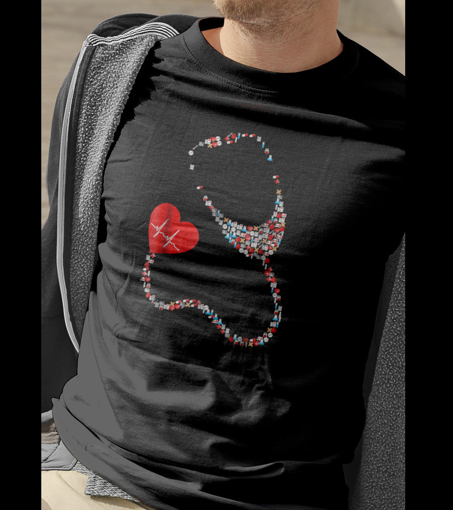 Doctor Or Nurse Stethoscope With Red Heart Icon And Medical Symbols T-Shirt