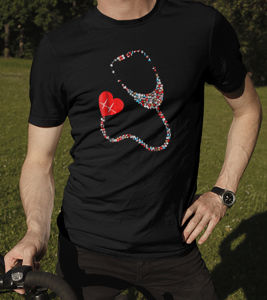 Doctor Or Nurse Stethoscope With Red Heart Icon And Medical Symbols T-Shirt
