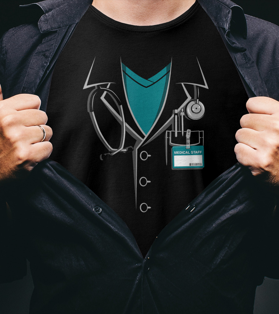 Medical Staff Doctor White Lab Coat With Stethoscope And ID Badge T-Shirt