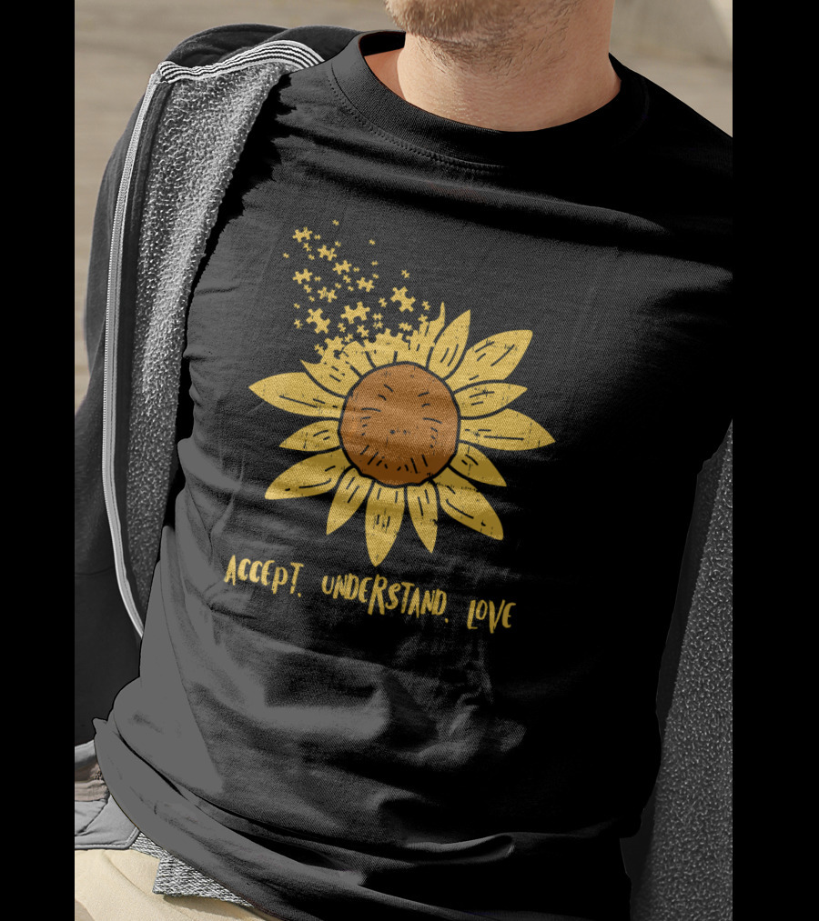 Accept Understand Love Sunflower With Blooming Petals And Falling Seeds T-Shirt