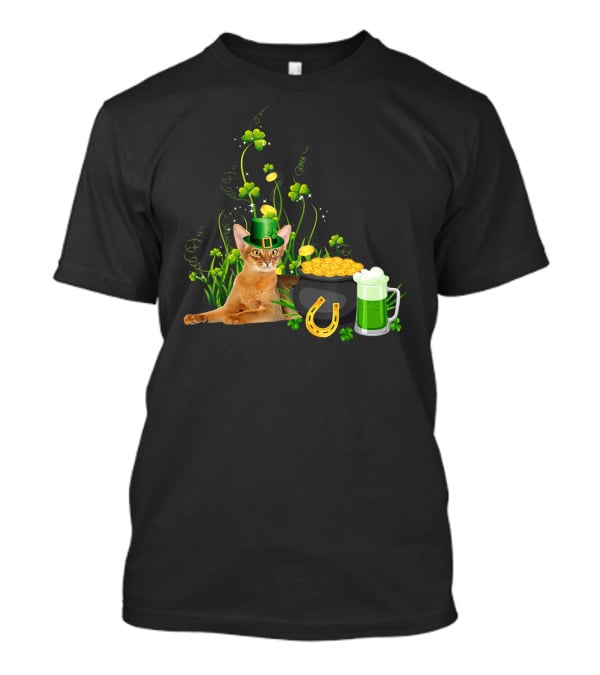 Abyssinian Cat St Patrick's Day Leprechaun Hat Shamrocks Pot Of Gold Green Beer T-Shirt