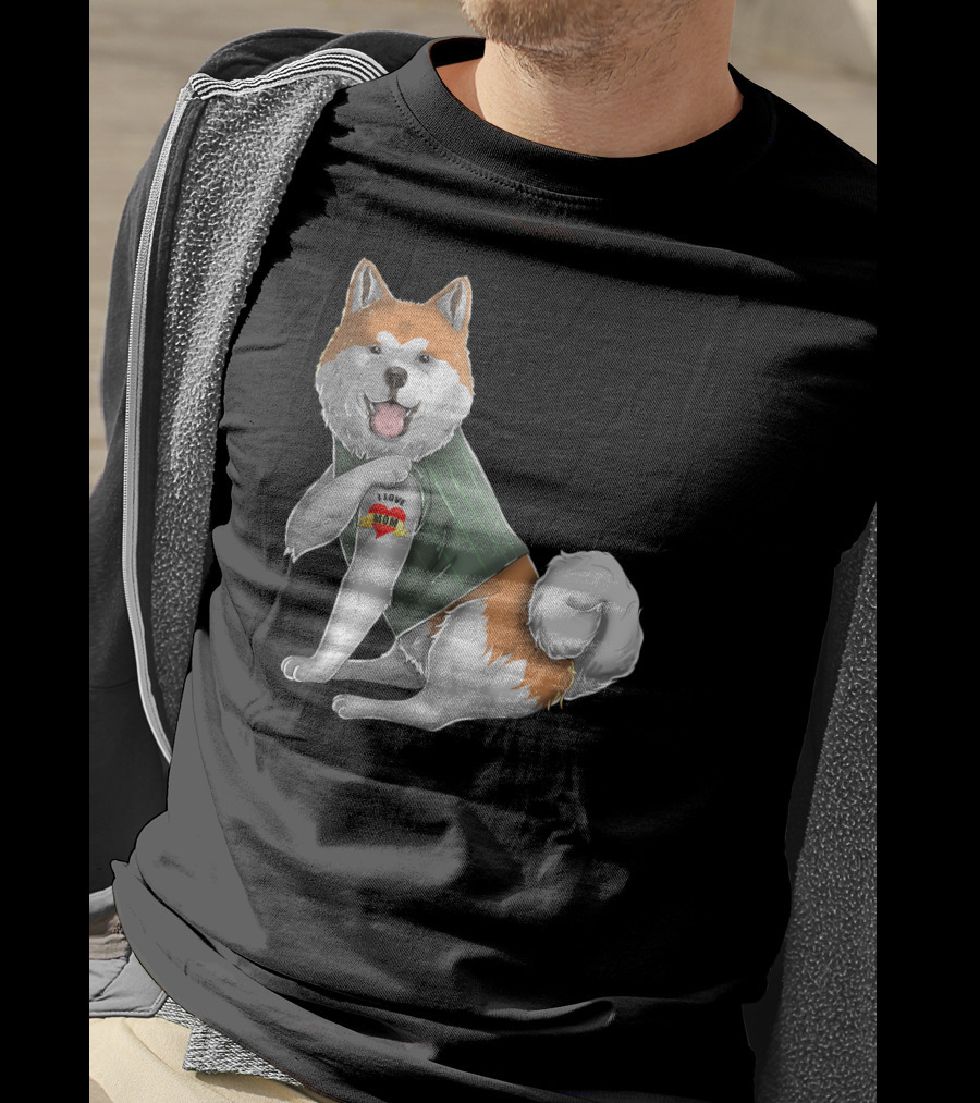 Akita Inu I Love Mom Tattoo Dog With Heart Tattoo Wearing Vest T-Shirt