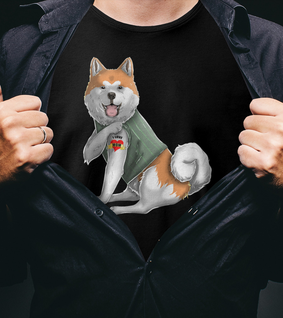 Akita Inu I Love Mom Tattoo Dog With Heart Tattoo Wearing Vest T-Shirt