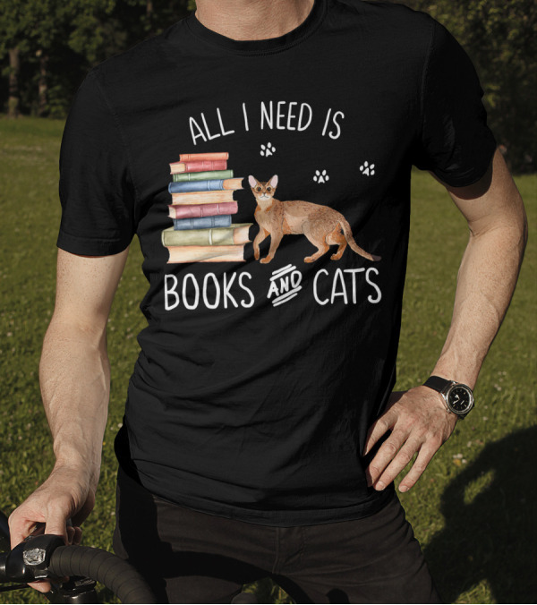 All I Need Is Books And Cats With Stack Of Colorful Books And Cat Paws T-Shirt