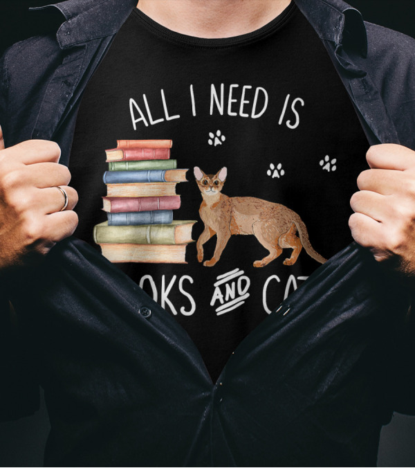 All I Need Is Books And Cats With Stack Of Colorful Books And Cat Paws T-Shirt