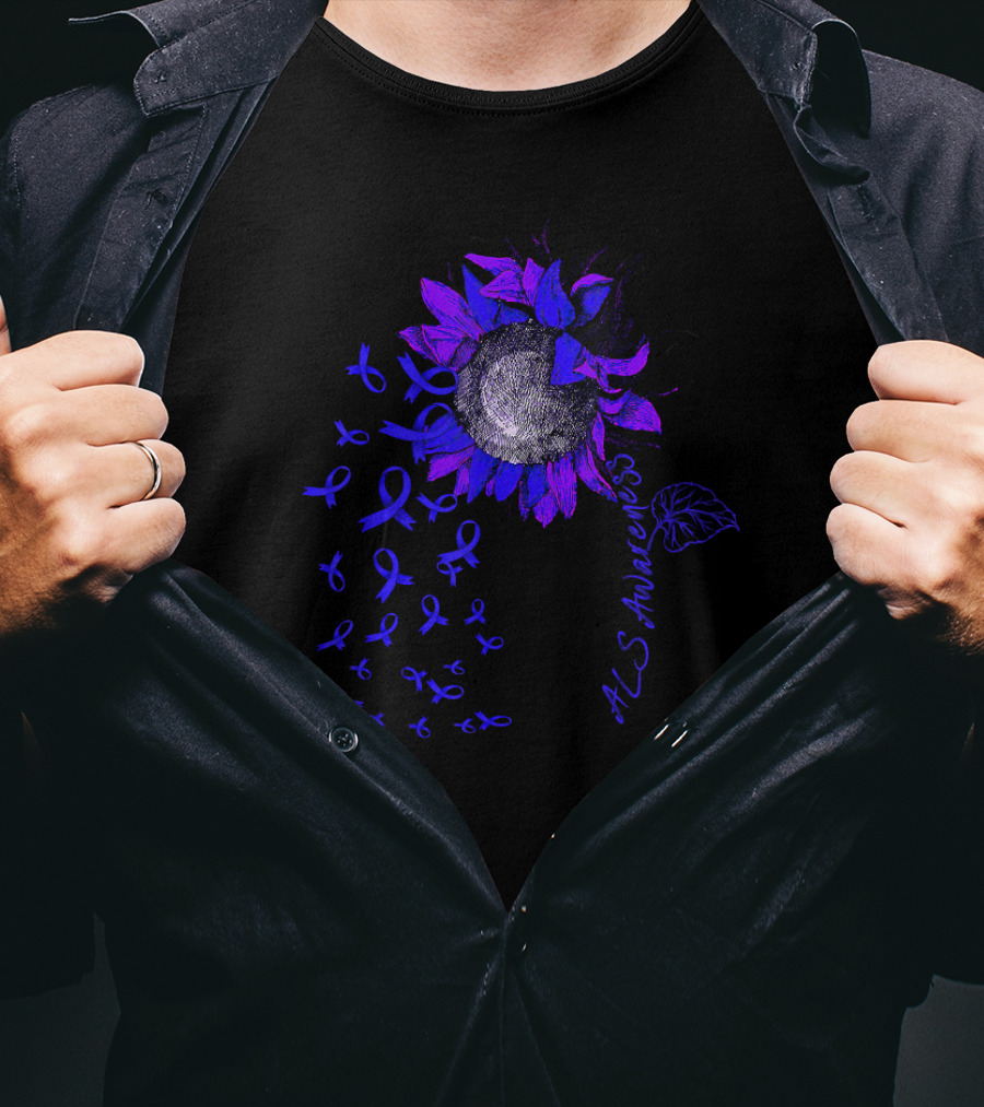 ALS Awareness Blue Sunflower With Ribbons T-Shirt
