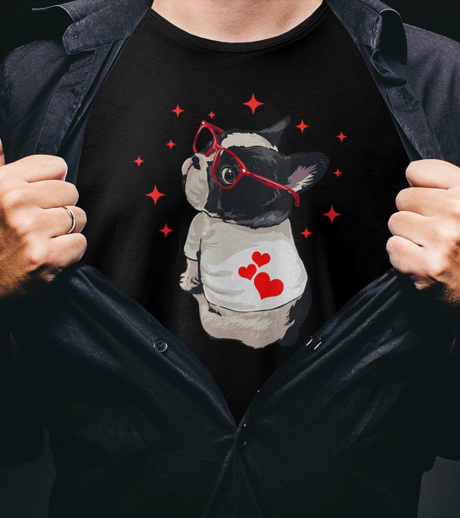 American Boston Terrier Red Glasses Hearts Stars T-Shirt
