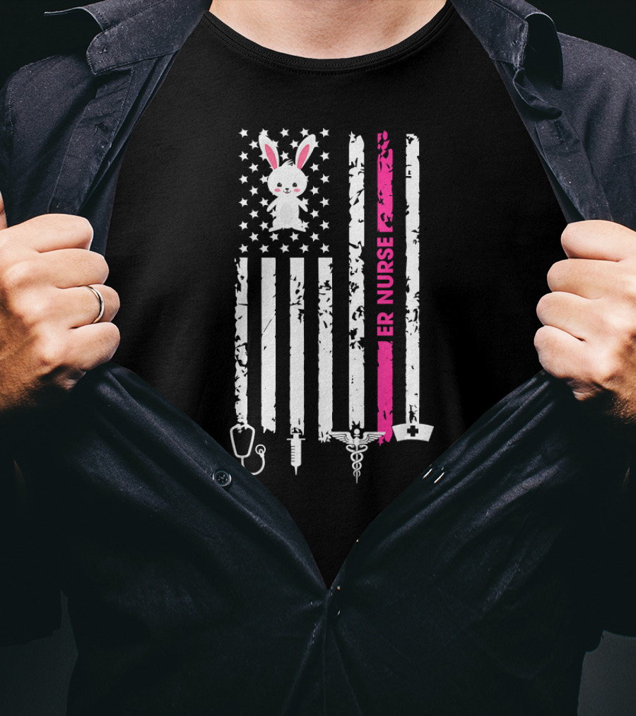 American Flag Bunny ER Nurse Easter Graphic With Medical Symbols T-Shirt
