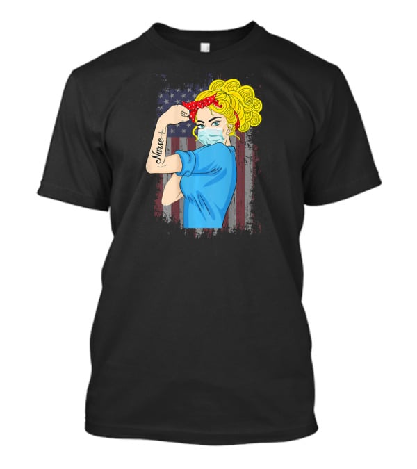 American Flag Nurse Strong Woman Tattoo Rosie Riveter T-Shirt