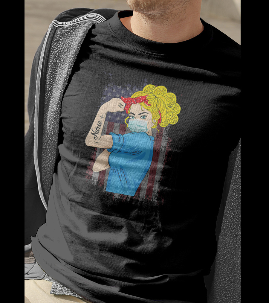 American Flag Nurse Strong Woman Tattoo Rosie Riveter T-Shirt