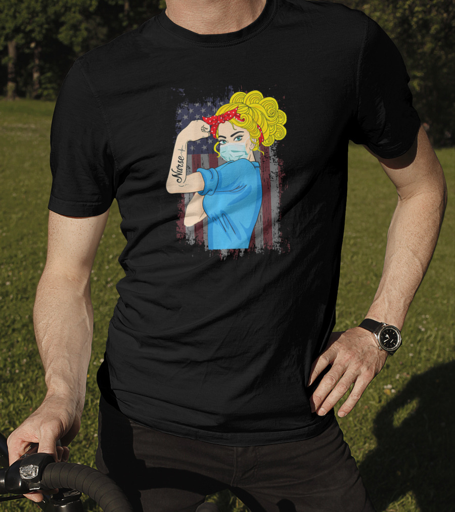 American Flag Nurse Strong Woman Tattoo Rosie Riveter T-Shirt