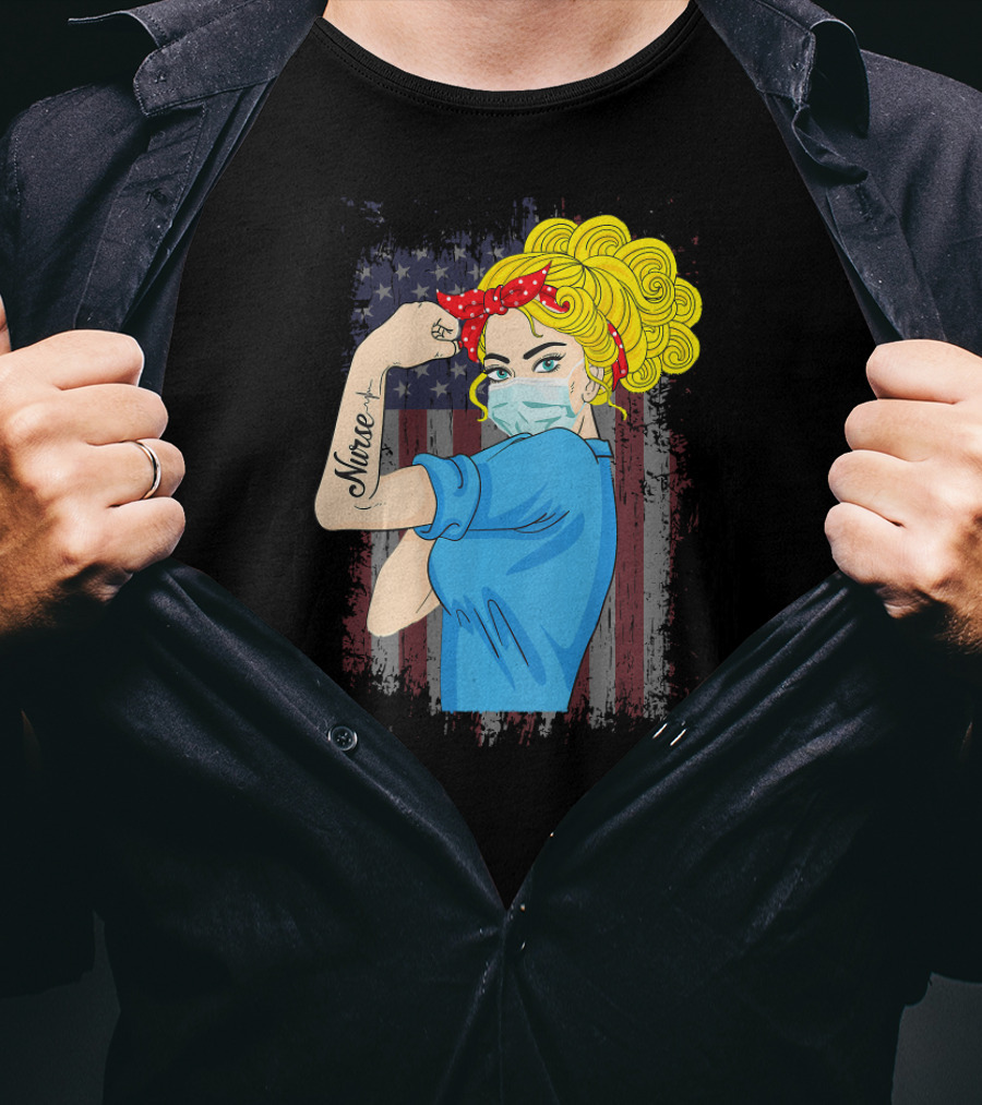 American Flag Nurse Strong Woman Tattoo Rosie Riveter T-Shirt