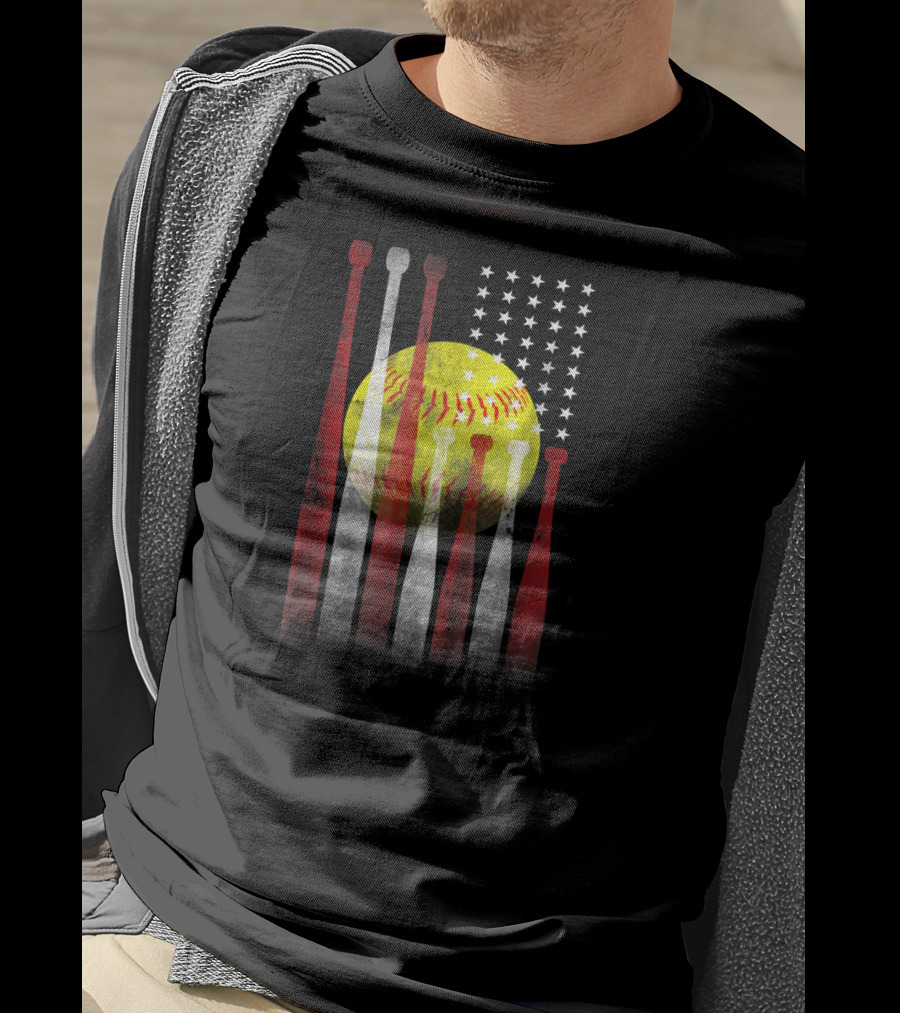 Vintage Softball American Flag With Bats And Stars T-Shirt