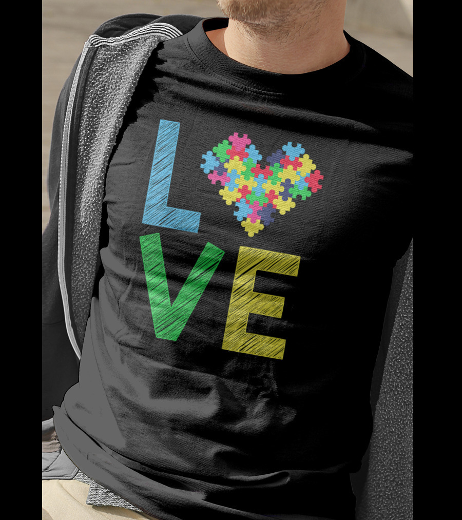 Autism Awareness Love Puzzle Heart Colorful Letters T-Shirt