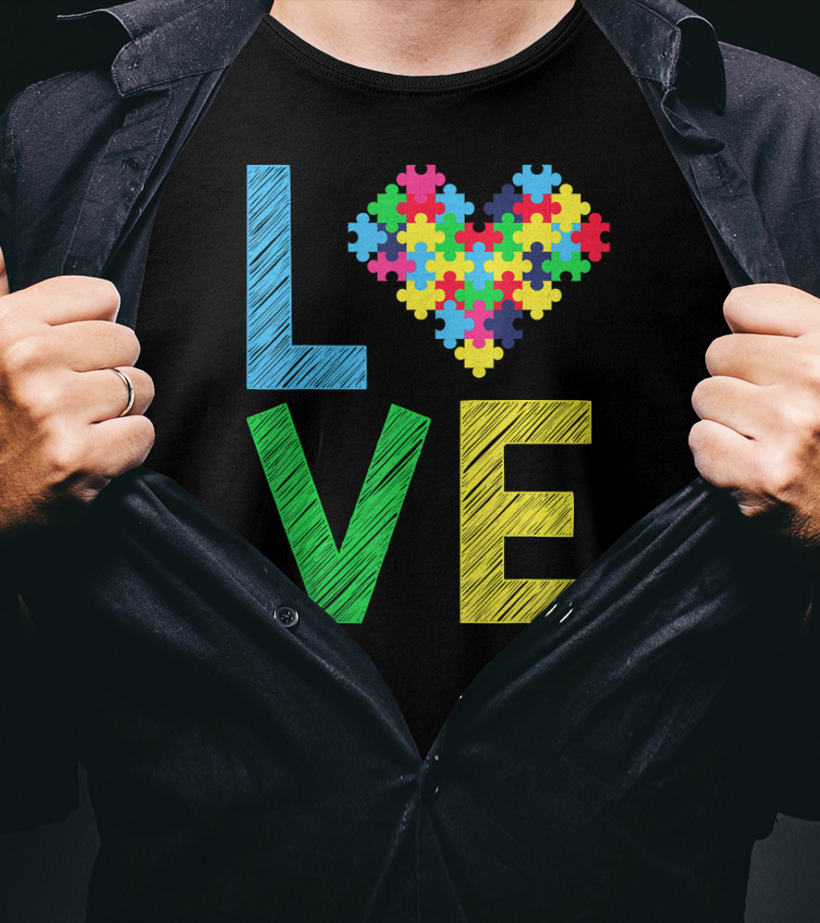 Autism Awareness Love Puzzle Heart Colorful Letters T-Shirt