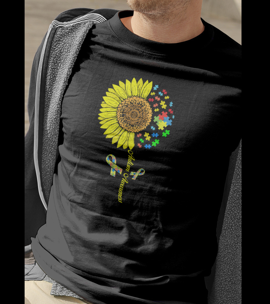 Autism Awareness Puzzle Ribbon Sunflower T-Shirt