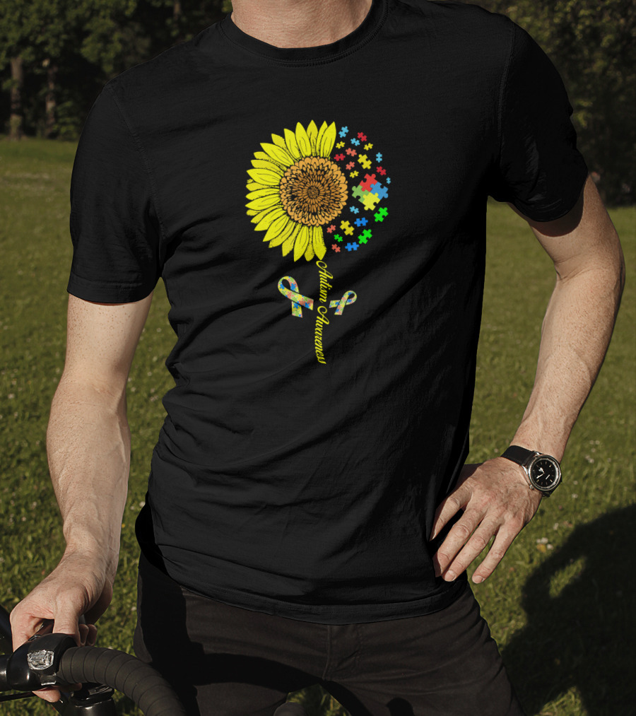 Autism Awareness Puzzle Ribbon Sunflower T-Shirt