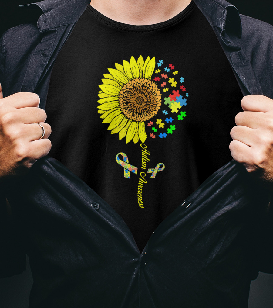 Autism Awareness Puzzle Ribbon Sunflower T-Shirt