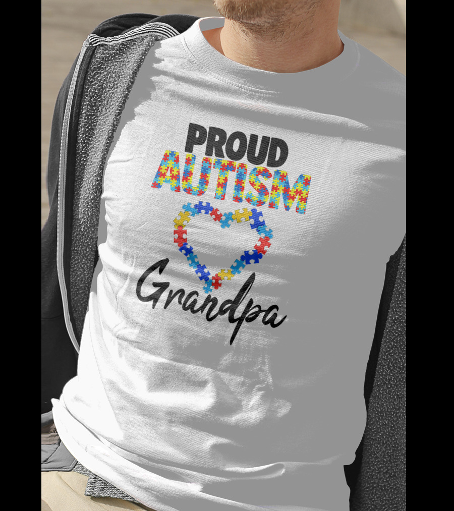 PROUD AUTISM GRANDPA Puzzle Heart T-Shirt