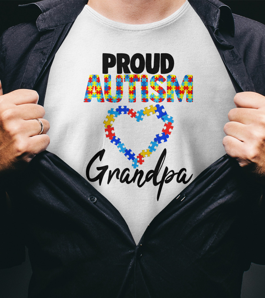 PROUD AUTISM GRANDPA Puzzle Heart T-Shirt