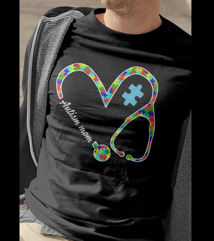 Autism Mom Puzzle Heart Stethoscope Nurse T-Shirt