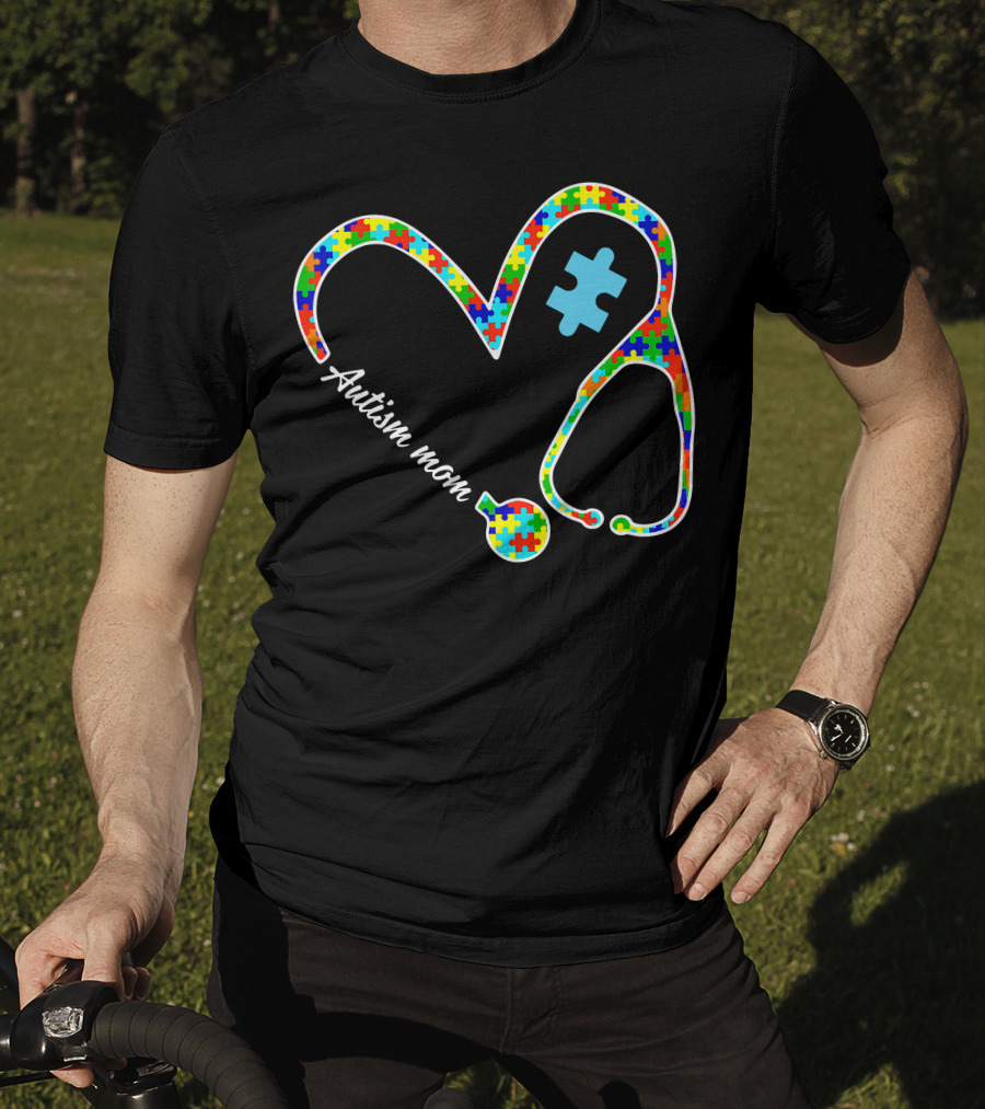 Autism Mom Puzzle Heart Stethoscope Nurse T-Shirt