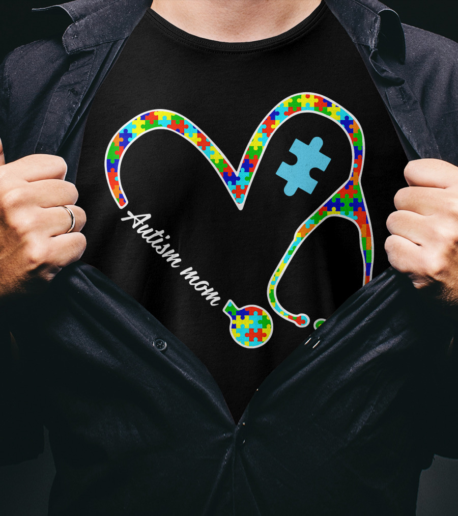 Autism Mom Puzzle Heart Stethoscope Nurse T-Shirt