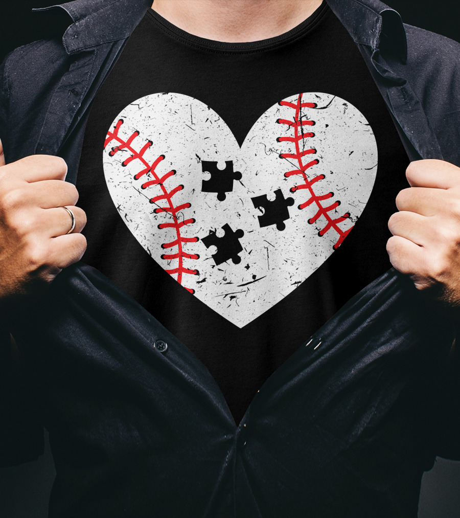 Baseball Heart Autism Puzzle Love T-Shirt