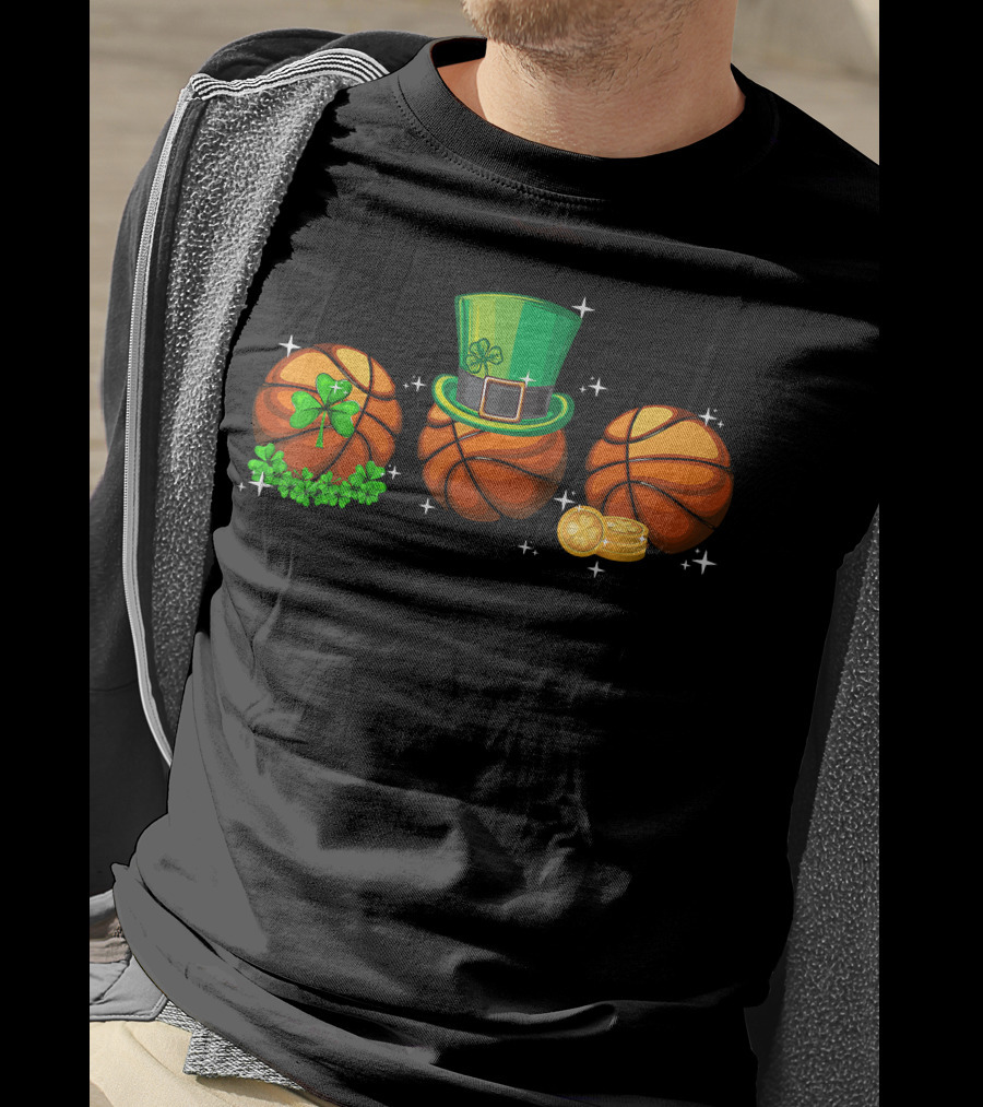 Basketball Trio With Leprechaun Hat Shamrocks And Gold Coins T-Shirt