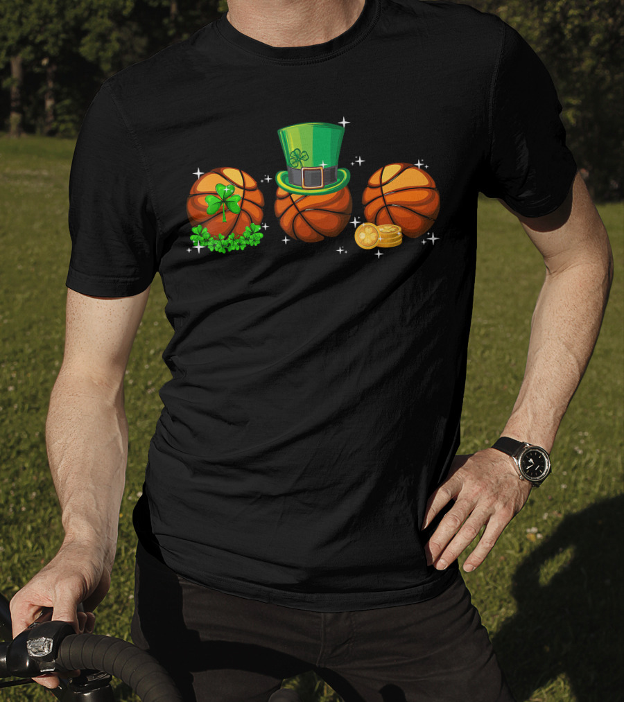 Basketball Trio With Leprechaun Hat Shamrocks And Gold Coins T-Shirt