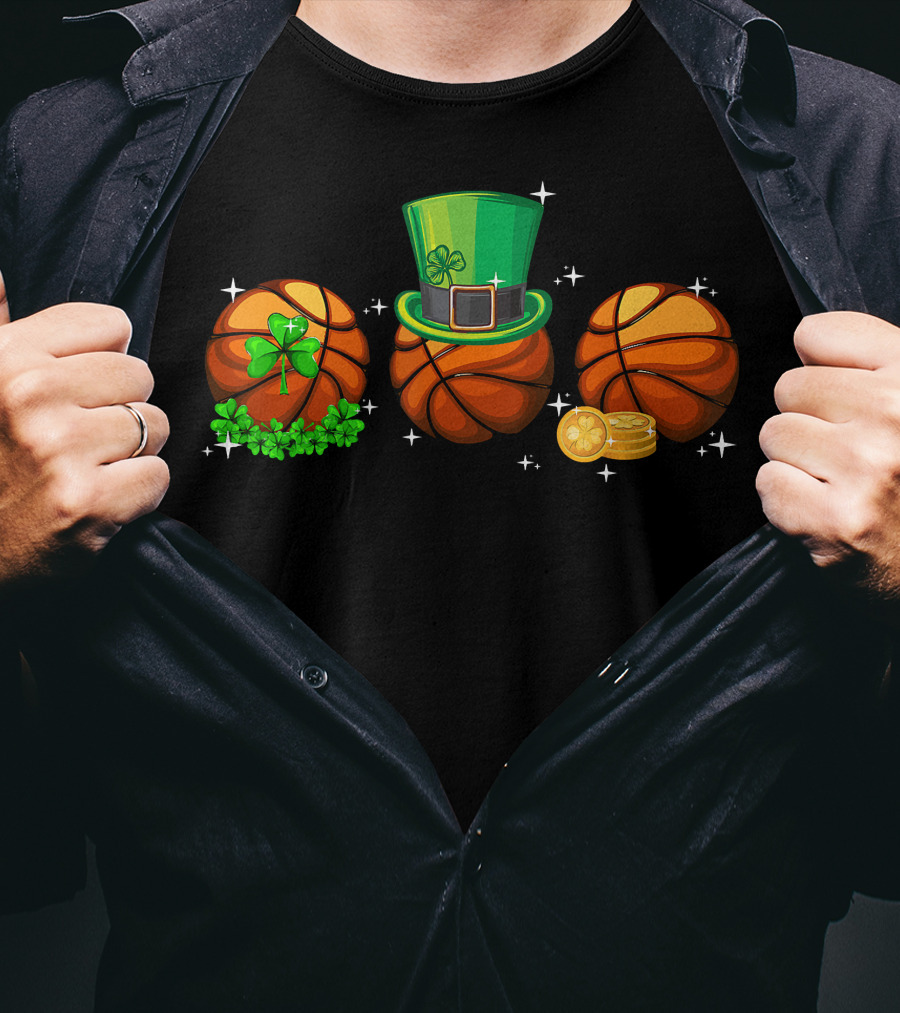 Basketball Trio With Leprechaun Hat Shamrocks And Gold Coins T-Shirt
