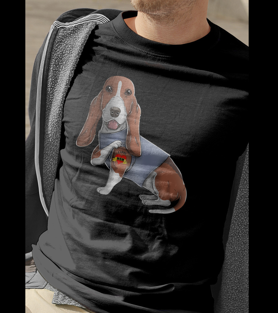 Basset Hound With I Love Mom Heart Tattoo T-Shirt