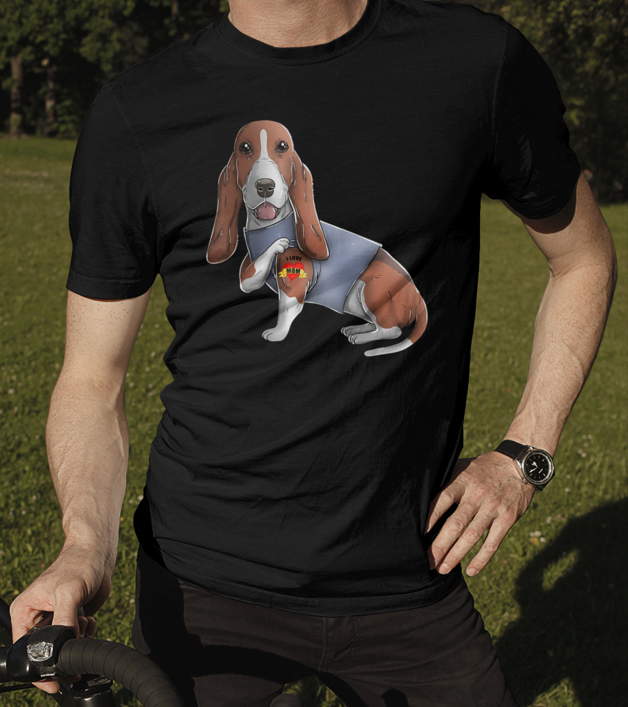 Basset Hound With I Love Mom Heart Tattoo T-Shirt
