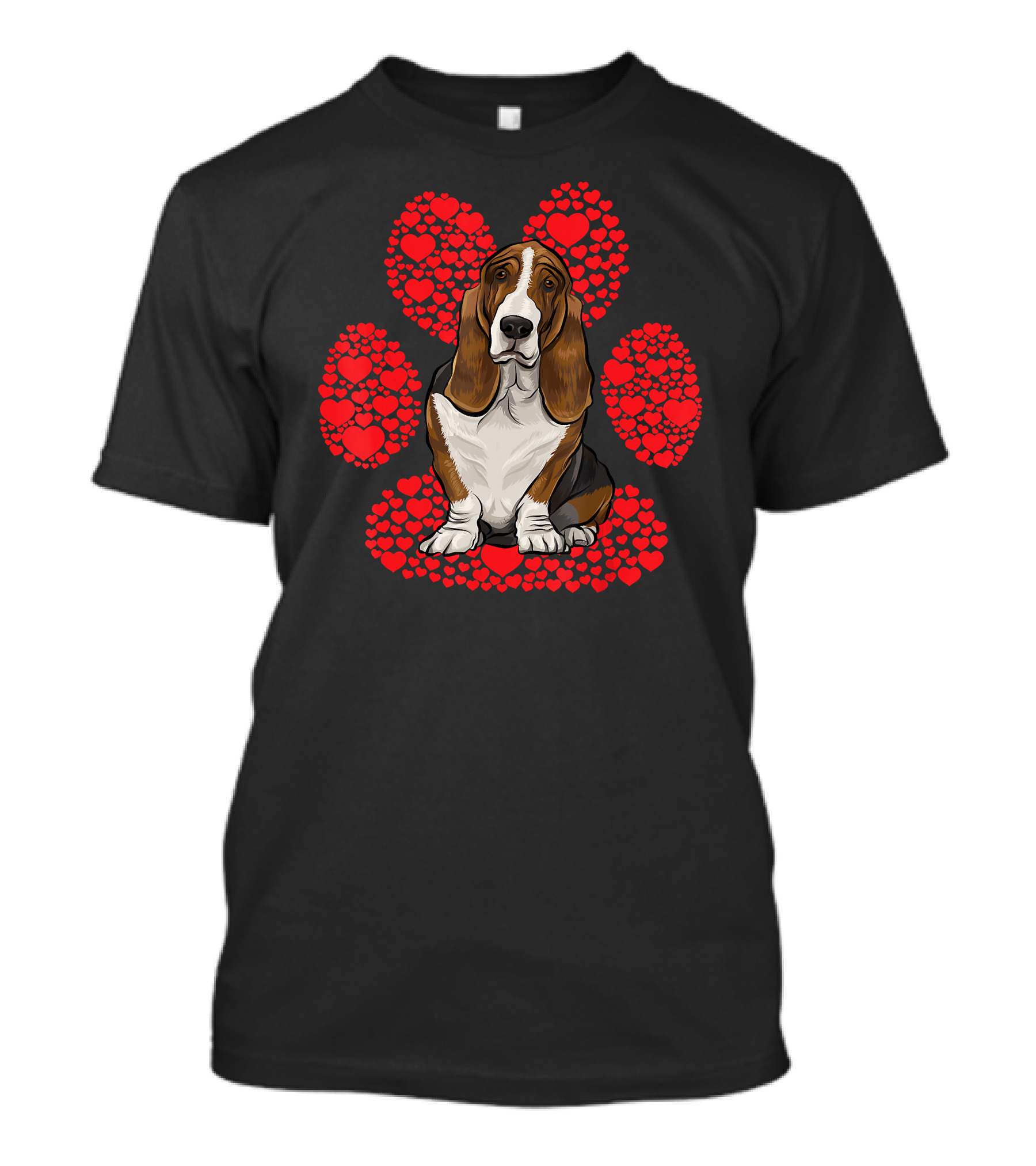Basset Hound Valentines Day Dog With Heart Paw Background T-Shirt