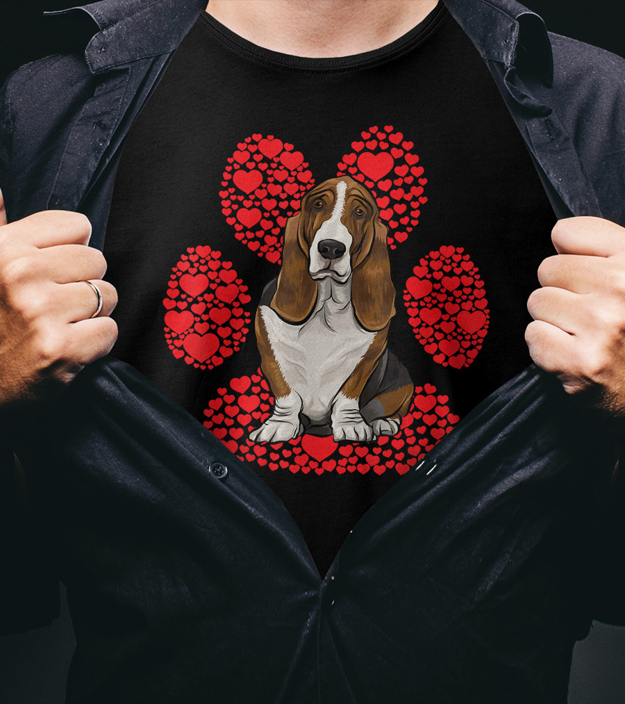 Basset Hound Valentines Day Dog With Heart Paw Background T-Shirt