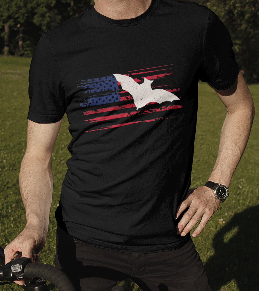 Bat Silhouette US American Flag Stripes And Stars T-Shirt