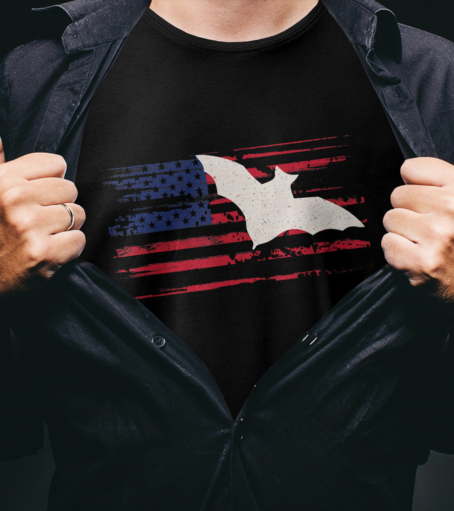 Bat Silhouette US American Flag Stripes And Stars T-Shirt