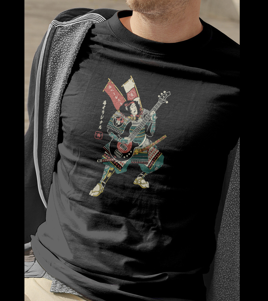 BASSIST SAMURAI No7 Vintage Japanese Warrior Playing Bass Guitar T-Shirt