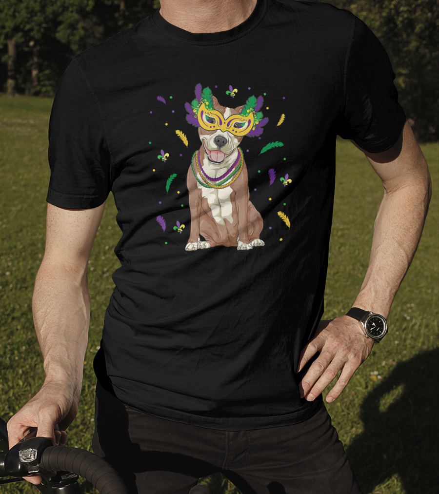 Mardi Gras Pitbull With Feathers And Beads Mask T-Shirt