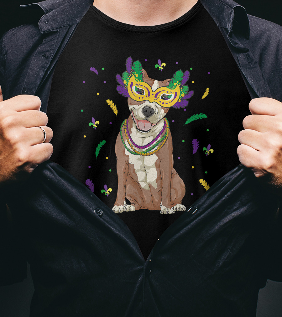 Mardi Gras Pitbull With Feathers And Beads Mask T-Shirt