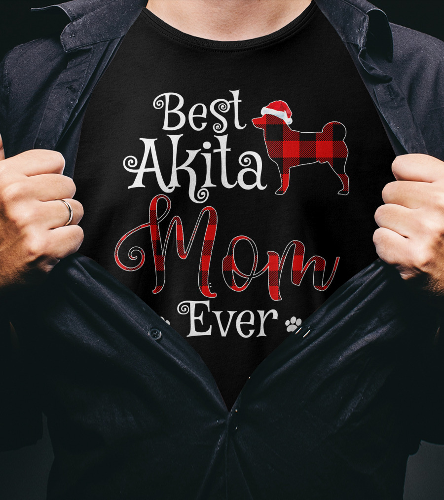 Best Akita Mom Ever Plaid Santa Hat And Paw Prints T-Shirt