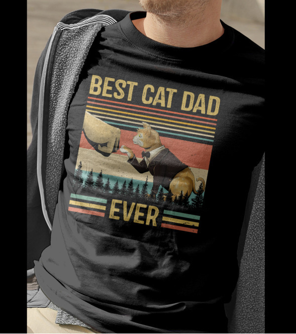 Best Cat Dad Ever Retro Paw Fist Bump Forest Stripes T-Shirt