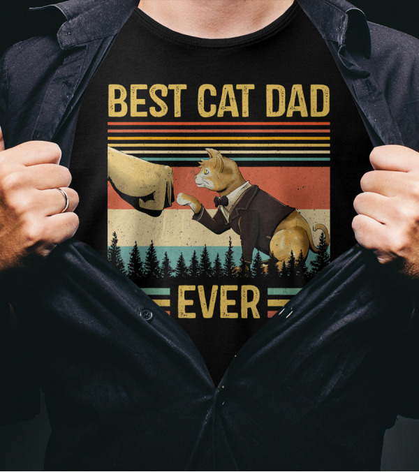 Best Cat Dad Ever Retro Paw Fist Bump Forest Stripes T-Shirt