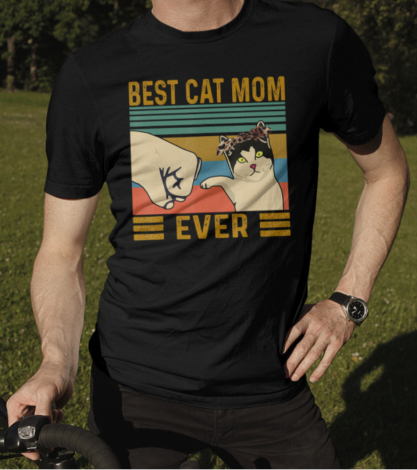 Best Cat Mom Ever Fist Bump Vintage Retro Cat With Headband T-Shirt