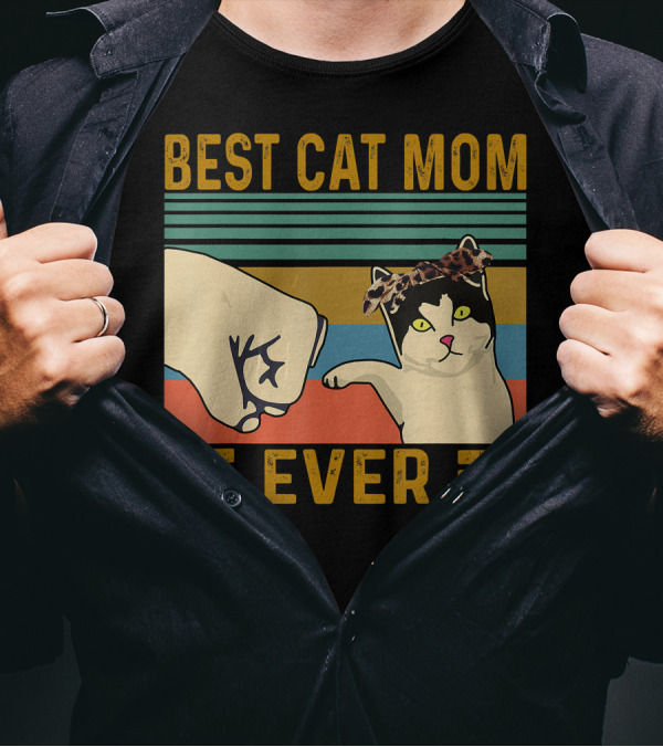 Best Cat Mom Ever Fist Bump Vintage Retro Cat With Headband T-Shirt