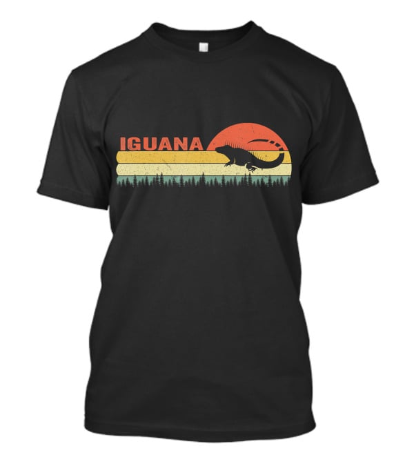Iguana Silhouette Retro Sunset Forest Stripes T-Shirt