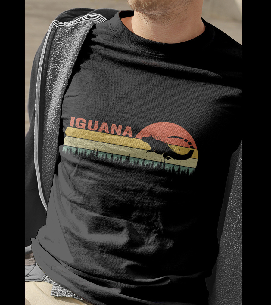 Iguana Silhouette Retro Sunset Forest Stripes T-Shirt