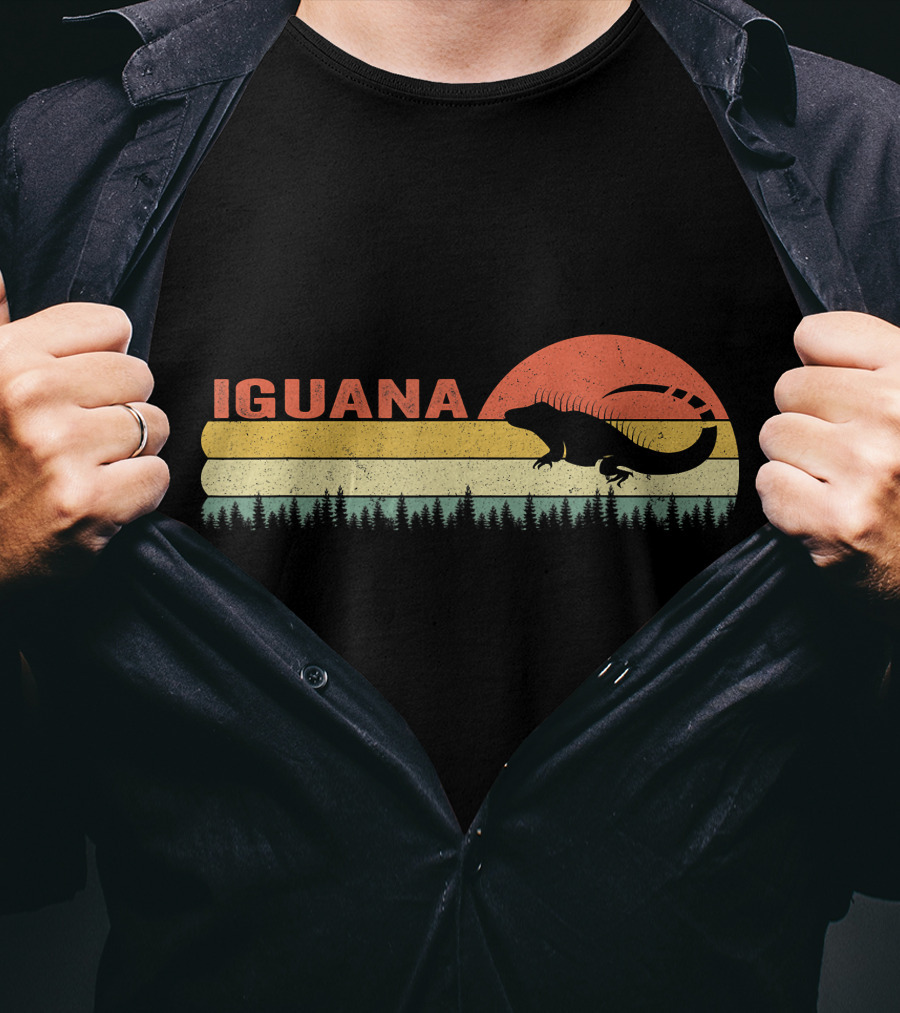 Iguana Silhouette Retro Sunset Forest Stripes T-Shirt
