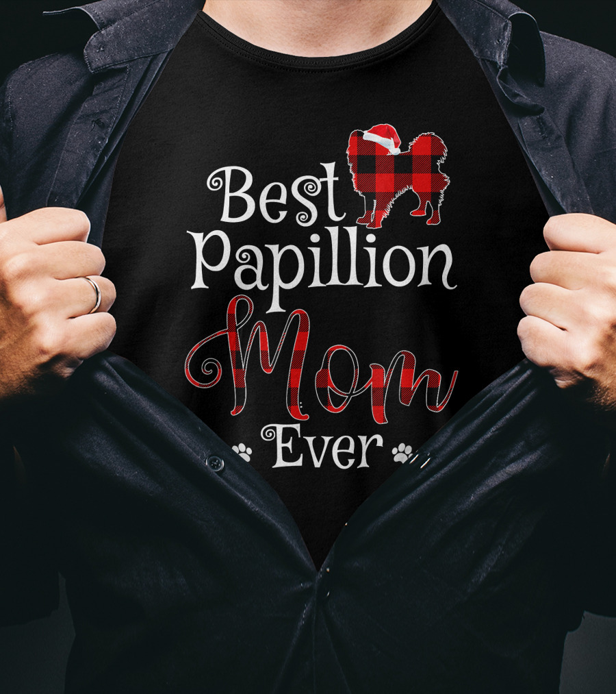 Best Papillion Mom Ever Santa Plaid Paws T-Shirt