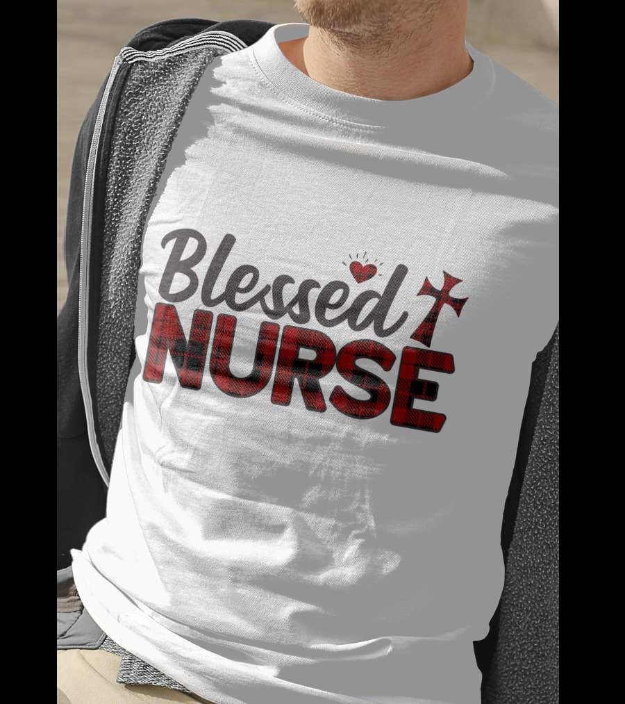 Blessed Nurse Plaid Heart Cross Christian T-Shirt